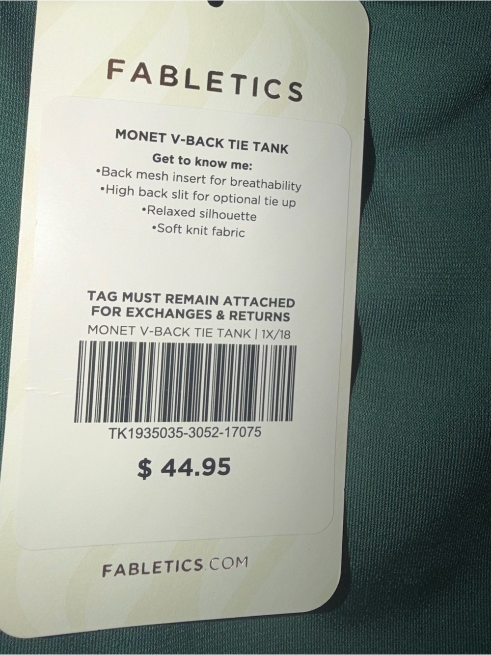 NWT Fabletics Monet V-Back Tie Tank Sycamore Size 1X - Picture 8 of 8